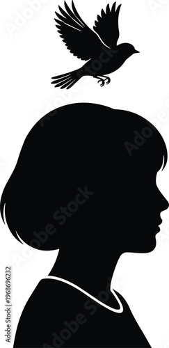 Black silhouette of a young girl profile with a flying bird above her head isolated on white background for concepts.