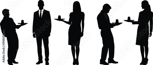 Waiters and waitresses silhouettes holding trays with drinks standing in professional poses isolated on white background for catering service hospitality.
