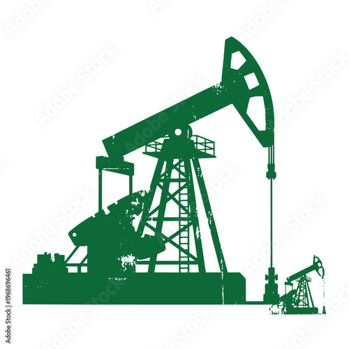 Green silhouette of oil pump and derrick on white background industrial equipment drilling rig