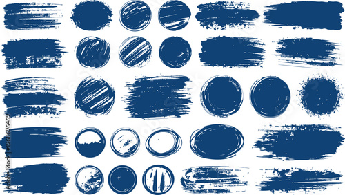 Collection of blue brush stroke shapes and circles for graphic design