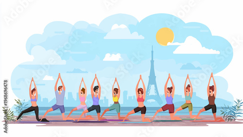 yoga poses, people exercising outdoors, Eiffel Tower background, vector illustration, fitness graphics