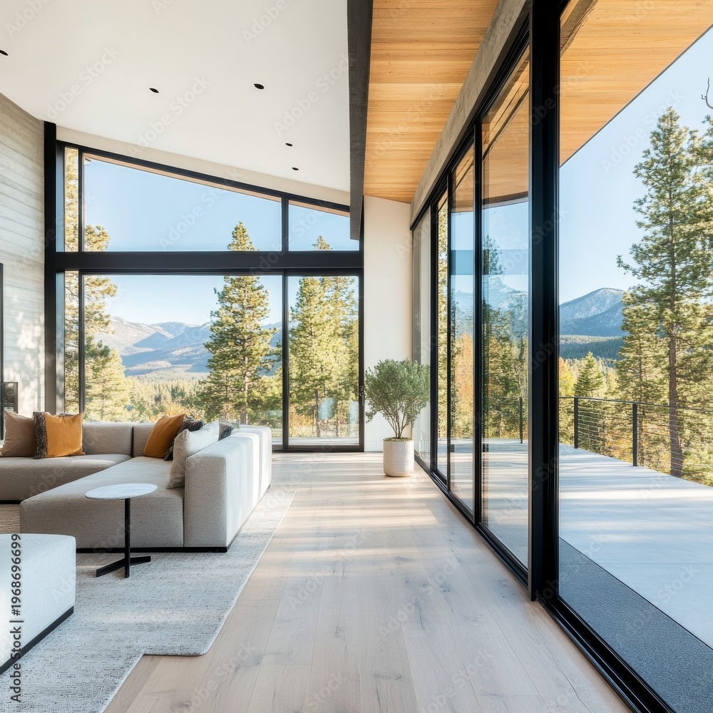 Fototapeta premium Bright modern living room with panoramic mountain and forest views through expansive windows. Seamless indoor-outdoor connection, contemporary luxury design. Biophilic, Scenic