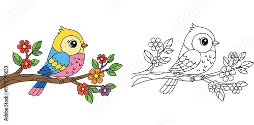 Cute Cartoon Bird on Blooming Branch Coloring Page for Kids with Colorful Example and Black and White Line Art Outline Vector Illustration
