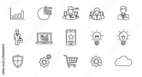 Icons set business with charts, people, smartphone, light bulb, shield, cart, cloud featuring analytics, data, graph with chart and pie chart