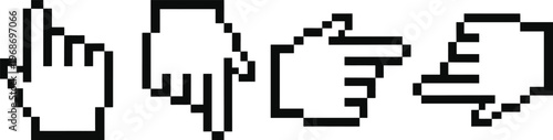 Black and white pixel art of thumbs up thumbs down and thumbs sideways on white background