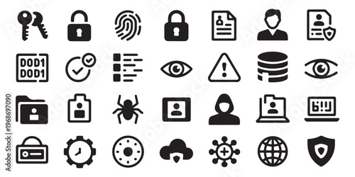 Solid Cybersecurity and Data Protection Icons Set