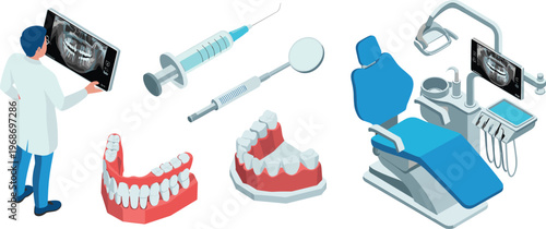 Dentist examining dental x ray with clinic equipment chair tools syringe dentures oral care healthcare flat illustration set