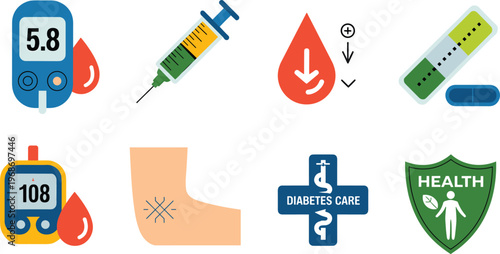 Diabetes healthcare icons set with glucose meter insulin syringe blood drop test strip medical monitoring and treatment flat illustration