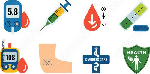 Diabetes monitoring and treatment icon set with glucose meters insulin syringe blood drops test strips healthcare flat illustration design