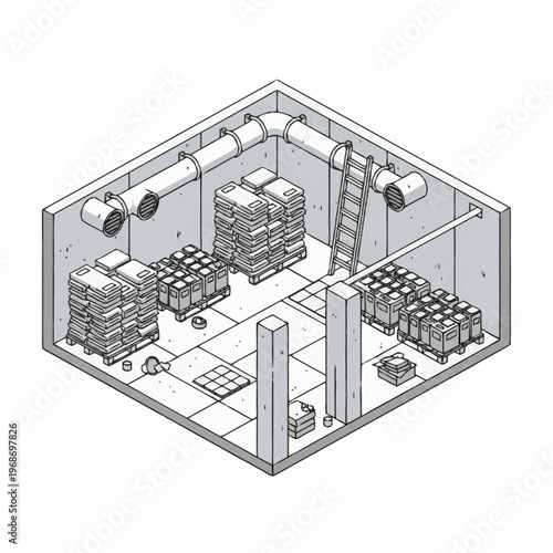 Industrial Storage Room with Pallets and Pipes.