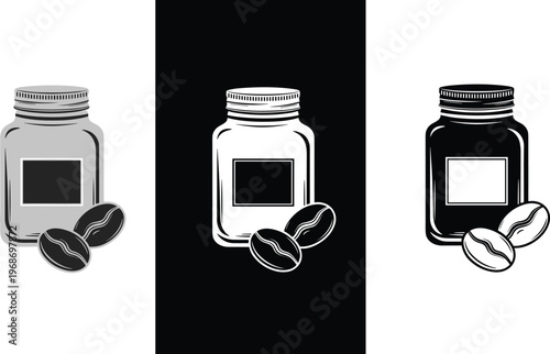 Coffee beans and jar illustration set for gourmet cafe branding and organic product packaging design.