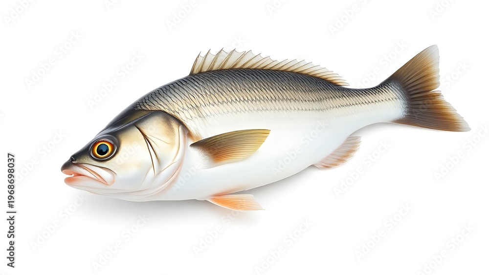 Fototapeta premium seabass. A fresh sea bass isolated on white, showcasing its natural texture and pristine quality. wildlife magazines, conservation campaigns, designed for eco-tourism storytelling.