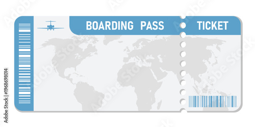 Blank airline boarding pass ticket template with world map background for travel and destination concepts.