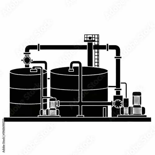 Industrial Water Treatment Plant with Tanks and Pumps.