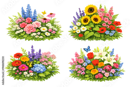 Flower Garden Composition Set with Colorful Blooming Plants and Floral Arrangements