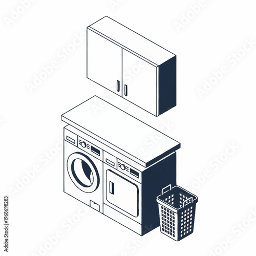 Isometric Laundry Room Appliances and Storage Cabinet.