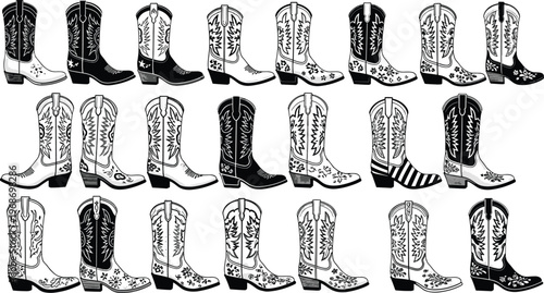 Set of vintage cowboy boots with floral pattern and classic western design elements for fashion art.