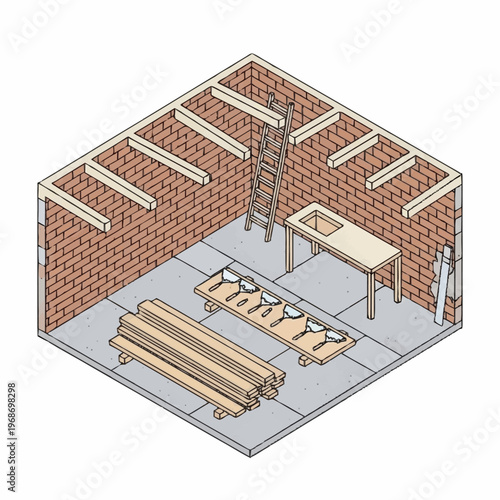 Isometric illustration of a room under construction with brick walls and wooden beams.