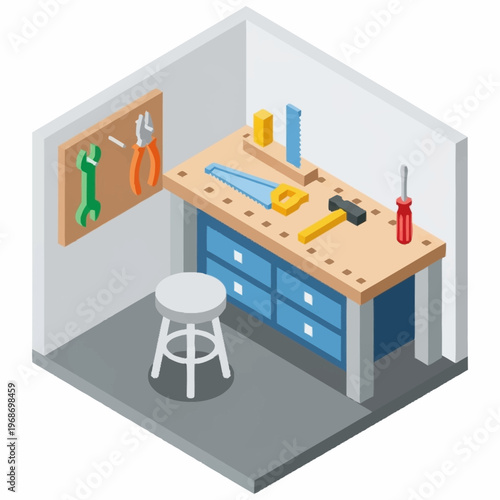 Isometric Workshop with Tools and Workbench.