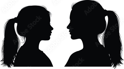 Black silhouettes of a mother and daughter profile looking at each other with ponytails, family love concept isolated on white, comma