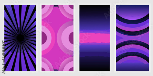 Abstract geometric patterns in shades of pink and purple arranged vertically