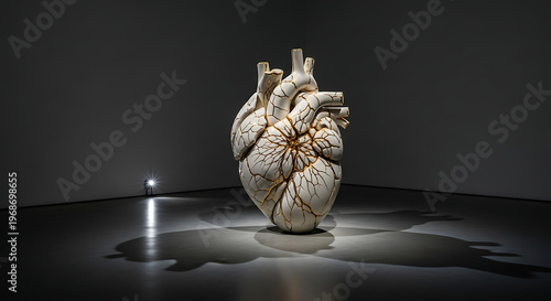Conceptual human heart sculpture, gracefully mended with gold, symbolizing resilience, emotional healing, and the beauty in life's imperfections and recovery