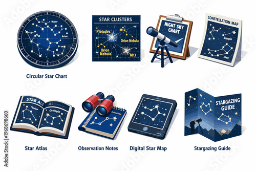 Astronomy Icon Set with Star Charts, Constellations, Sky Maps and Stargazing Guide