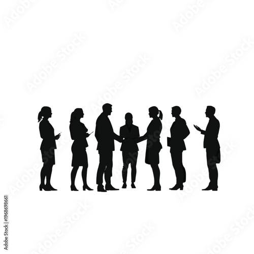 A diverse group of business people in silhouette form a circle for a meeting, illustrating concepts of unity, discussion, and shared purpose in the professional world.