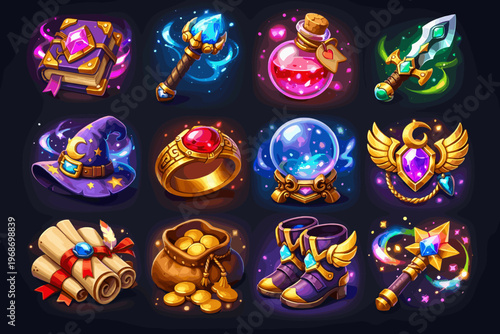 Fantasy Game Icon Set with Magic Items, Loot, Potions and RPG Equipment in Bright Cartoon Style
