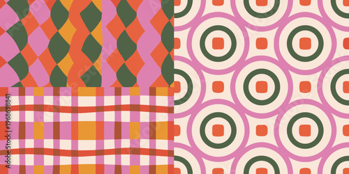 Colorful geometric patterns arranged in a grid showcasing retro aesthetics