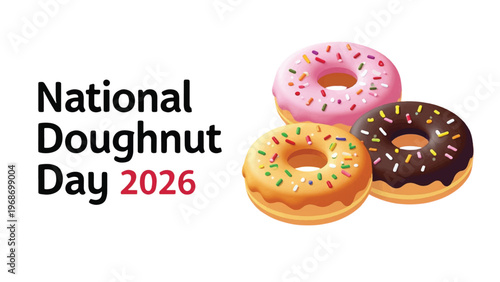 National Doughnut Day icons, colorful donuts, sweet treats, bakery illustrations