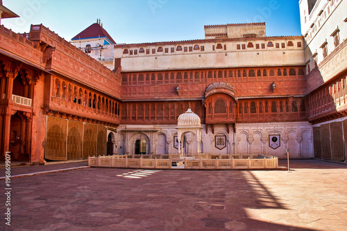 Junagarh Fort in Bikaner, India stands tall with its imposing red sandstone architecture