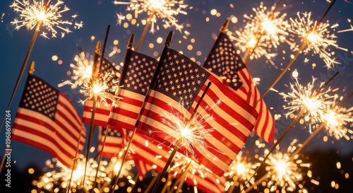 Fourth of july celebration fireworks and american flags at night
