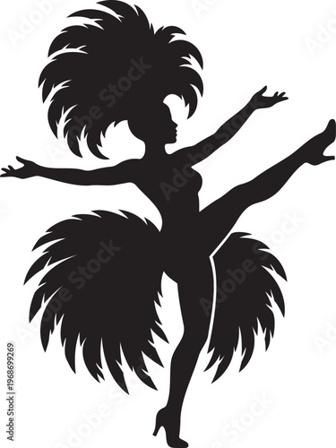 Samba showgirl dancer silhouette with feather headpiece, carnival performer in festive pose, cabaret dancer with plumes, cabaret show illustration, festive woman dancing on white background.