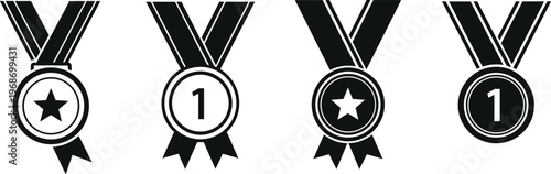 Collection of four vector icons of medals with ribbons for award first place and star.