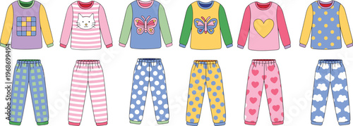Children pajamas and sweaters set, colorful cartoon sleepwear collection with patterned pants and cute prints isolated vector illustration for kids fashion