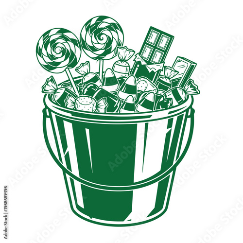 Green bucket filled with assorted candies and chocolates lollipops sweets