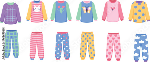 Kids pajamas and sweaters collection, colorful cartoon sleepwear set with patterned pants and cute prints isolated vector illustration for children fashion design