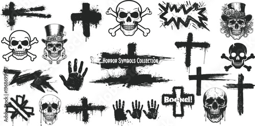 Horror symbols collection with skulls, Crosses, And hands on white background