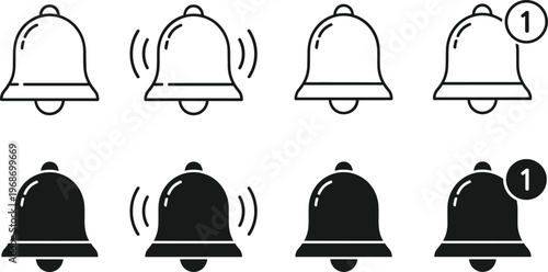 Notification bell icon set vector art illustration with sound rings and unread message.