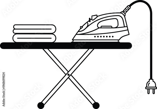 Ironing board with steam iron and stack of folded clothes on transparent background vector line art.