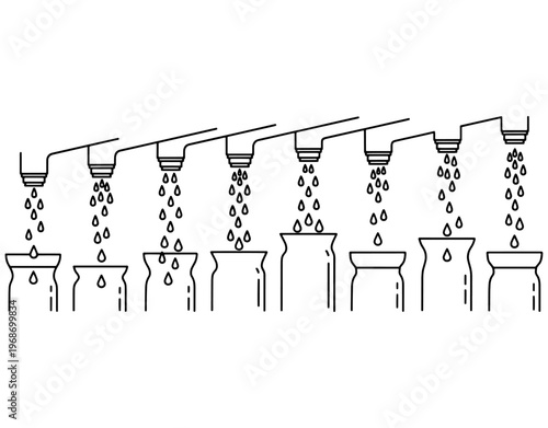 Automated liquid filling production line showing water or beverage droplets falling into bottles, industrial bottling process in a minimalist black and white outline style.