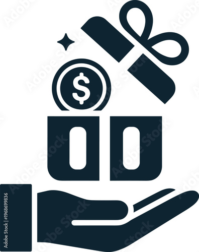 Financial gift icon showing hand presenting open box with dollar coin representing cash reward and investment incentives.