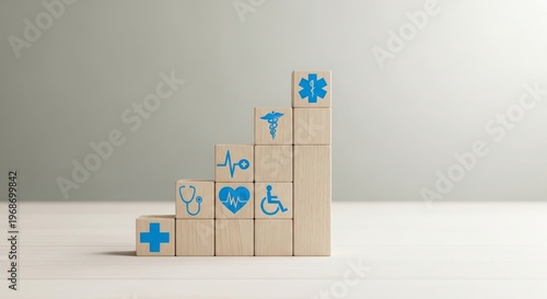 Wooden blocks with blue medical symbols on a white surface