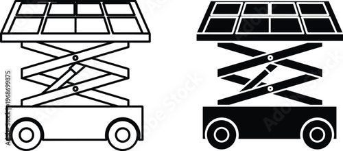 Scissor lift icons, industrial platform equipment, outline and solid style, construction machinery.