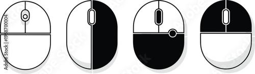 Computer mouse icons set with wheel and buttons, top view, outline and solid design, technology symbols.
