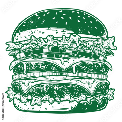 Green double cheeseburger with lettuce and sesame seed bun sandwich