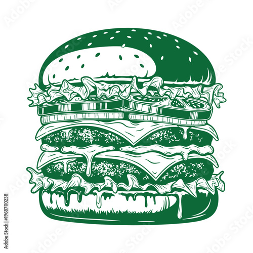 Green double cheeseburger with lettuce and sesame seed bun sandwich food