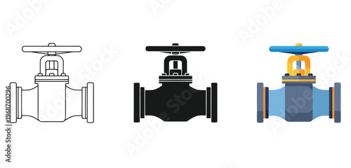 Industrial globe valves Vector Set in Three Styles — Line Art, Silhouette and Color Version 