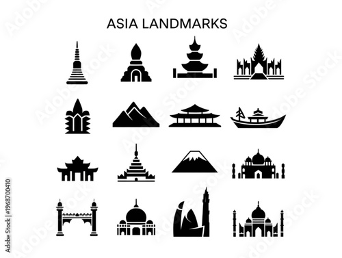 Asia landmarks vector icon set with famous oriental buildings, taj mahal, mountain and traditional asian monuments